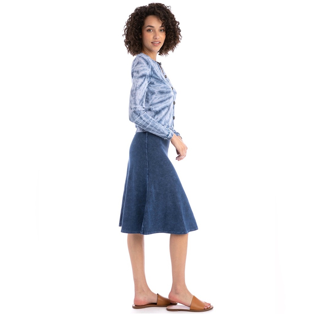 Navy Blue Stretch Denim Modest A-Line Lightweigh Knee-Length Midi Basic Skirt XS